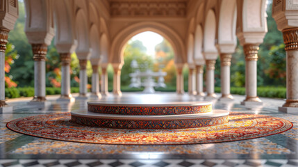 Ottoman empire palace garden with traditional carpets, flowers and clumns. - obrazy, fototapety, plakaty