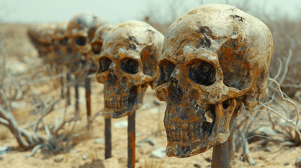 Skulls impaled by spears .