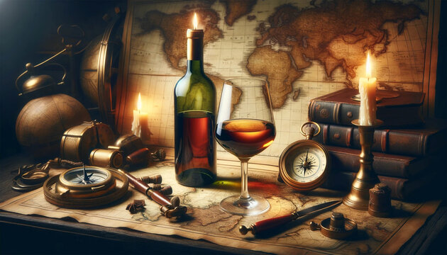Horizontal detailed image showing a bottle of aged wine next to a half-filled glass, with an old world map and antique navigational instruments in the background. The stage is illuminated by candlelig