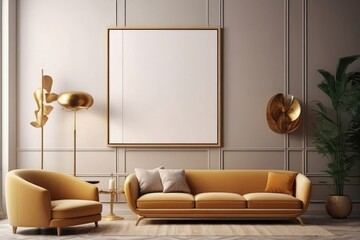 Modern Living Room Mockup Sofa and Blank Picture Frame in Beige 3D Rendering
