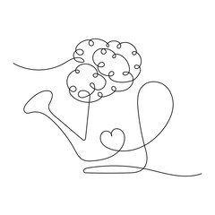Hand drawn one line Watering can and Flowers. Plant care abstract minimalist design. Vector illustration in one continuous line style for decoration