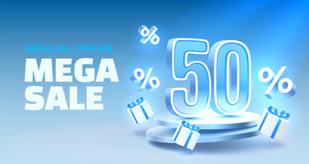 Mega sale special offer, 50 off sale banner. Sign board promotion. Vector illustration