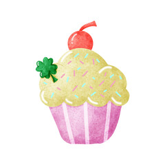 Saint Patrick's dessert concept. A yellow cream cupcake with red cherry and green clover leave and sprinkles topping in pink and white paper cup isolated on a white background. Watercolor style.