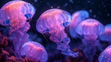 Colorful Jellyfish underwater.Aurelia aurita swimming underwater shots glowing jellyfish moving in water pattern.Jellyfish moving in water.