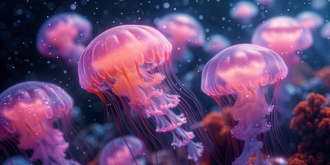 Colorful Jellyfish underwater.Aurelia aurita swimming underwater shots glowing jellyfish moving in water pattern.Jellyfish moving in water.