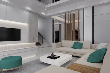The modern living room exudes sleek sophistication with clean lines, minimalist furniture