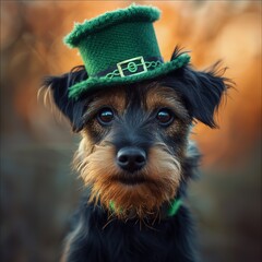 Cute Dog with Green St. Patrick's Day Hat on blurred colored background.