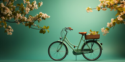 Green bicycle with flowers on the rear rack on a green background.