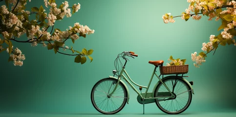 Foto auf Acrylglas Fahrrad Green bicycle with flowers on the rear rack on a green background.