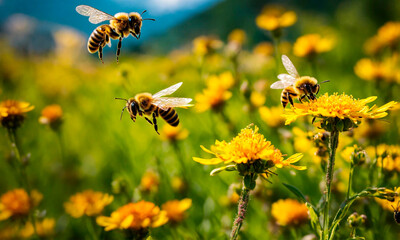 bees collect honey in a flower meadow honeycomb . Selective focus. - obrazy, fototapety, plakaty