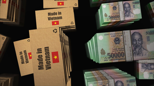 Made in Vietnam box and Vietnamese Dong money pack 3d illustration