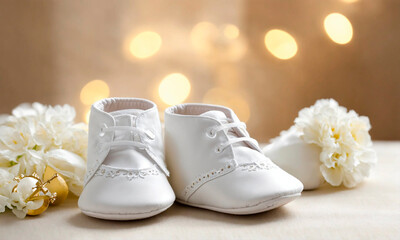 baby booties and a cross for baptism. Selective focus.