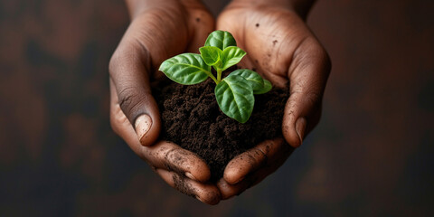 Agriculture concept. Male presses sprouts into soil. African American man holds a green plant in his hands. Farmer with sprout fertile land. Agriculture, Grow food. Caring for environment ecology