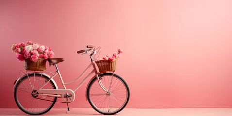 Gordijnen Bicycle with flowers on pink background © Rassamee