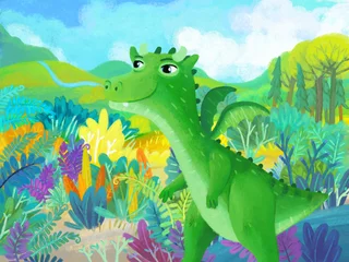 Türaufkleber cartoon scene with forest jungle meadow wildlife with dragon dino dinosaur animal zoo scenery illustration for children © honeyflavour
