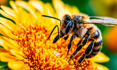 bees collect honey in a flower meadow honeycomb . Selective focus.