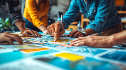 A dynamic team engaging in a creative brainstorming session with colorful notes and planning materials on a table.