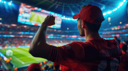 An enthusiastic fan in a red cap and jersey raises his fist in support at a vibrant, packed soccer...