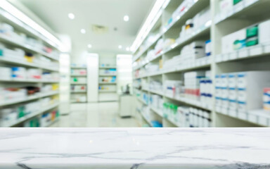 Simplicity Speaks Volumes: Empty White Marble Counter in Pharmacy