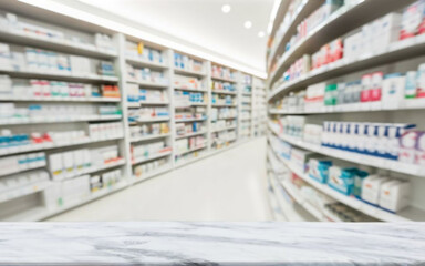Emptiness Transcends: The White Marble Counter Against Pharmacy Shelves