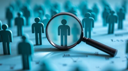 Conceptual image of a companies human resources searching for the perfect candidate using a magnifying glass