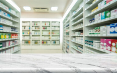 Calm Amidst Clutter: The White Marble Counter in the Drugstore Blur"