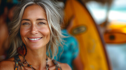 A portrait of a beautiful smiling middle-aged blonde woman standing with a surfboard on the beach - Powered by Adobe