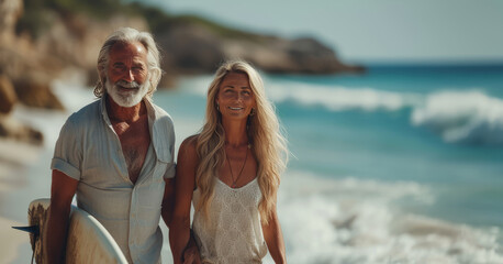 A happy smiling mature couple 50-60 years old on the beach with a surfboard, ready for surfing in the ocean. Active mature people.