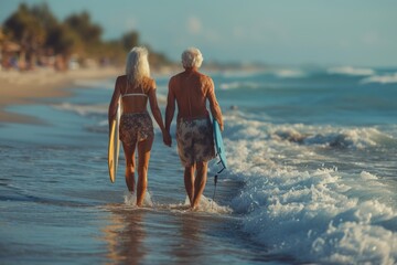 Back view of a senior couple walking along the beach with surfboards in their hands, ready for surfing. Active retirement concept.
