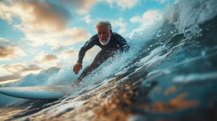 A concentrated youthful sporty senior man riding the waves on a surfboard in the ocean. Active senior people concept.