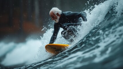A sporty mature senior man riding the waves on a surfboard in the ocean. Active senior people concept.