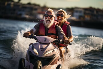 Obraz premium Happy mature senior couple in vests riding a jet ski on along sea coast. Happy active retirement concept.