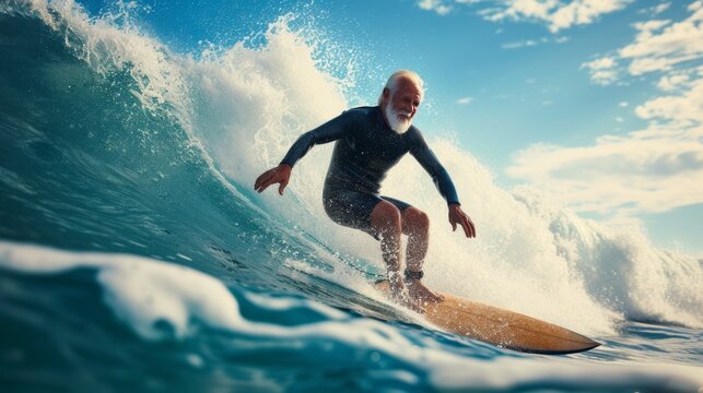 Happy senior man surfer with surfing huge wave standing on surfboard. Active senior people concept.