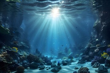 Underwater scene with reef, fishes and blue ocean with sun light.