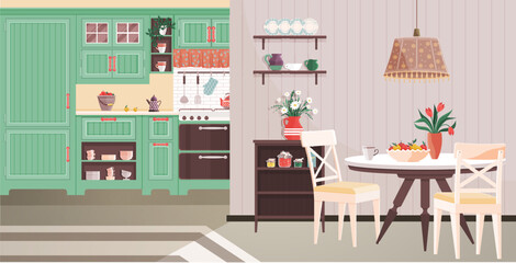 Kitchen interior vector illustration. Cuisine becomes art form in comfy kitchen adorned with stylish decor Cooking and dining blend seamlessly in well-decorated kitchen and dining room Comfy