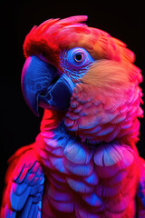 A vivid portrait of a scarlet macaw bathed in blue and red lighting, highlighting the striking details and textures of its feathers.