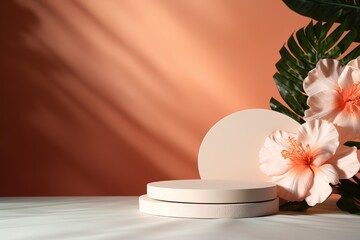 Pink cylindrical podium stand on the background of a light peach wall with the shadow of palm leaves and flowers around and space for copying.