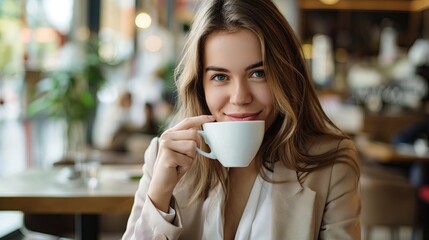 Stylish businesswoman blissfully drinking coffee in cafe