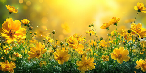 Sunny Yellow Background: Vibrant Yellow Flowers Arranged in a Beautiful Garden Display