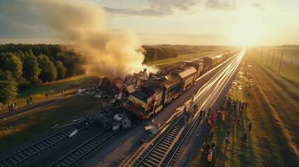 Massive train derail. Dramatic scene of a head-on collision between two trains in the night. fire, smoke, accident, spectators, many people watching - obrazy, fototapety, plakaty
