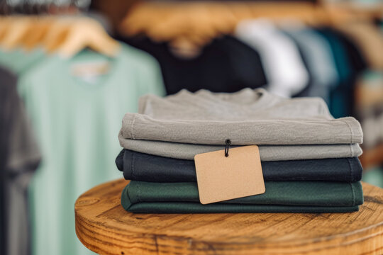 Folded t-shirts with brown label in store