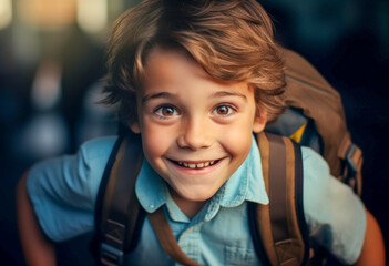 Close up of smiling little boy with backpack at school, back to school concept