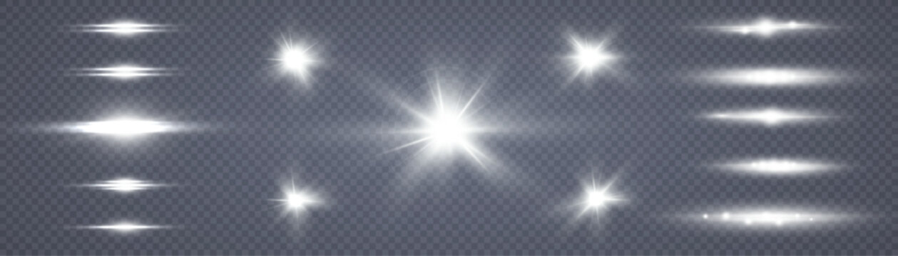 White glowing light explodes on a transparent background. Bright Star. Transparent shining sun, bright flash. Vector graphics.	