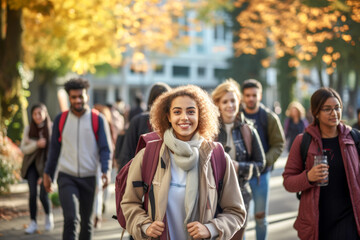 Fototapeta premium Smiling American student woman, group university student with backpack, walking after classes in university campus outdoors
