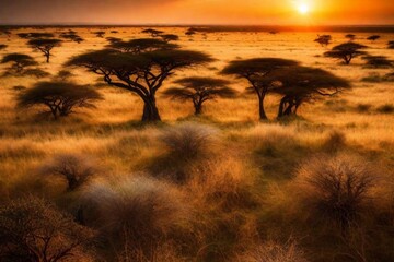 sunset in the serengeti - obrazy, fototapety, plakaty