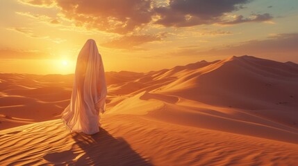 Walking in Desert Fashionable Woman Model in Evening Dress - obrazy, fototapety, plakaty