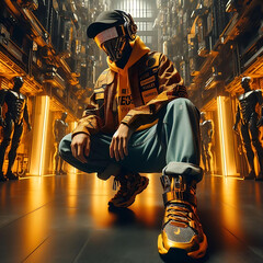 cyberpunk guy techwear streetwear look and clothes, we can see them from feet to head, highly detailed and intricate, golden ratio, vibrant colors, created by generative ai