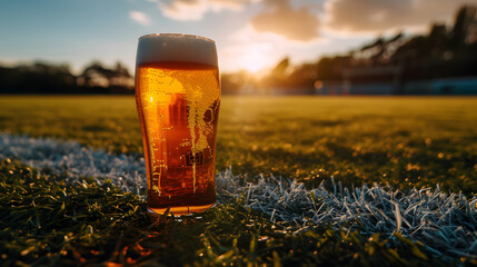 Cinematic wide angle photograph of a beer pint glass at a soccer stadium. Product photography. - obrazy, fototapety, plakaty