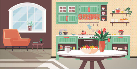 Kitchen interior vector illustration. Comfy and stylish furniture in kitchen creates welcoming dining atmosphere Decorate your dining room with cosy furniture for delightful family experience