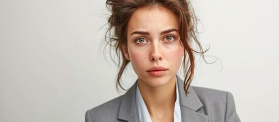 Fatigued brunette businesswoman, skeptically glancing aside, wears a gray suit with tousled hair. - obrazy, fototapety, plakaty